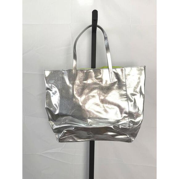 Handbags - Silver Metallic Tote Bag with Dual Handles